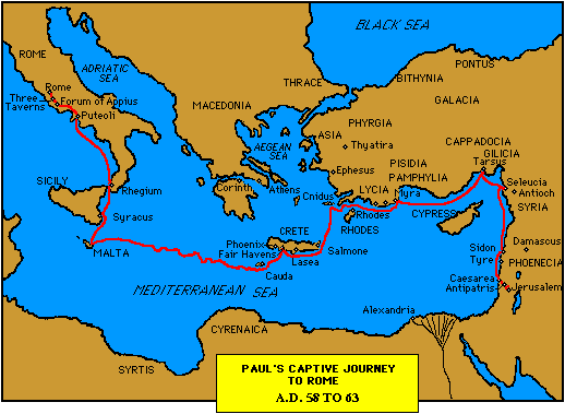 Map of Apostle Paul's Journey to Rome in chains from www.biblestudy.org